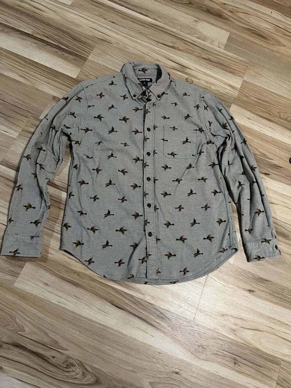 Lands' End Duck Print Flannel Shirt Size M 15-15.5 100% Cotton